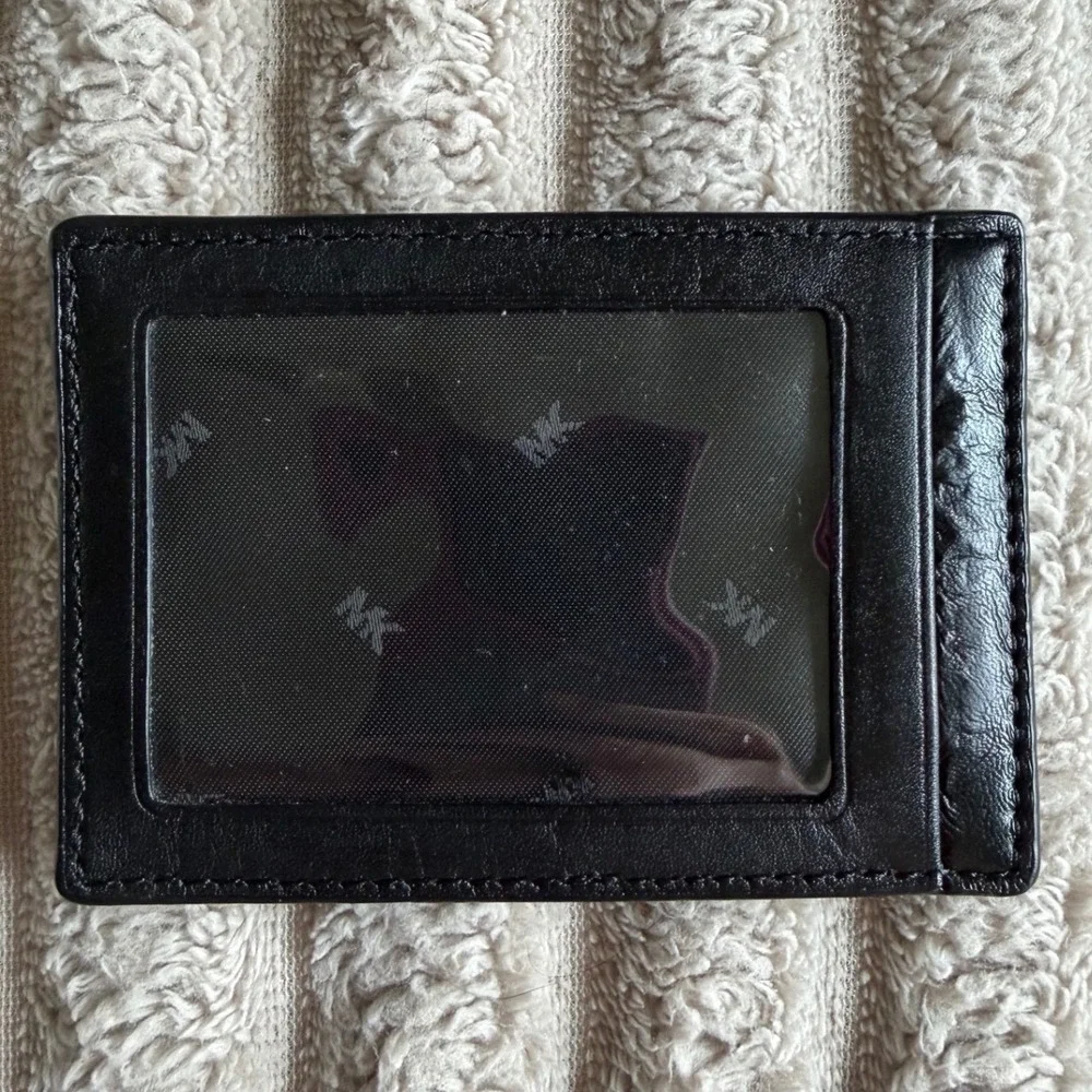 Michael Kors Black Leather Slim Card Case Wallet with ID Window Logo Est 1981